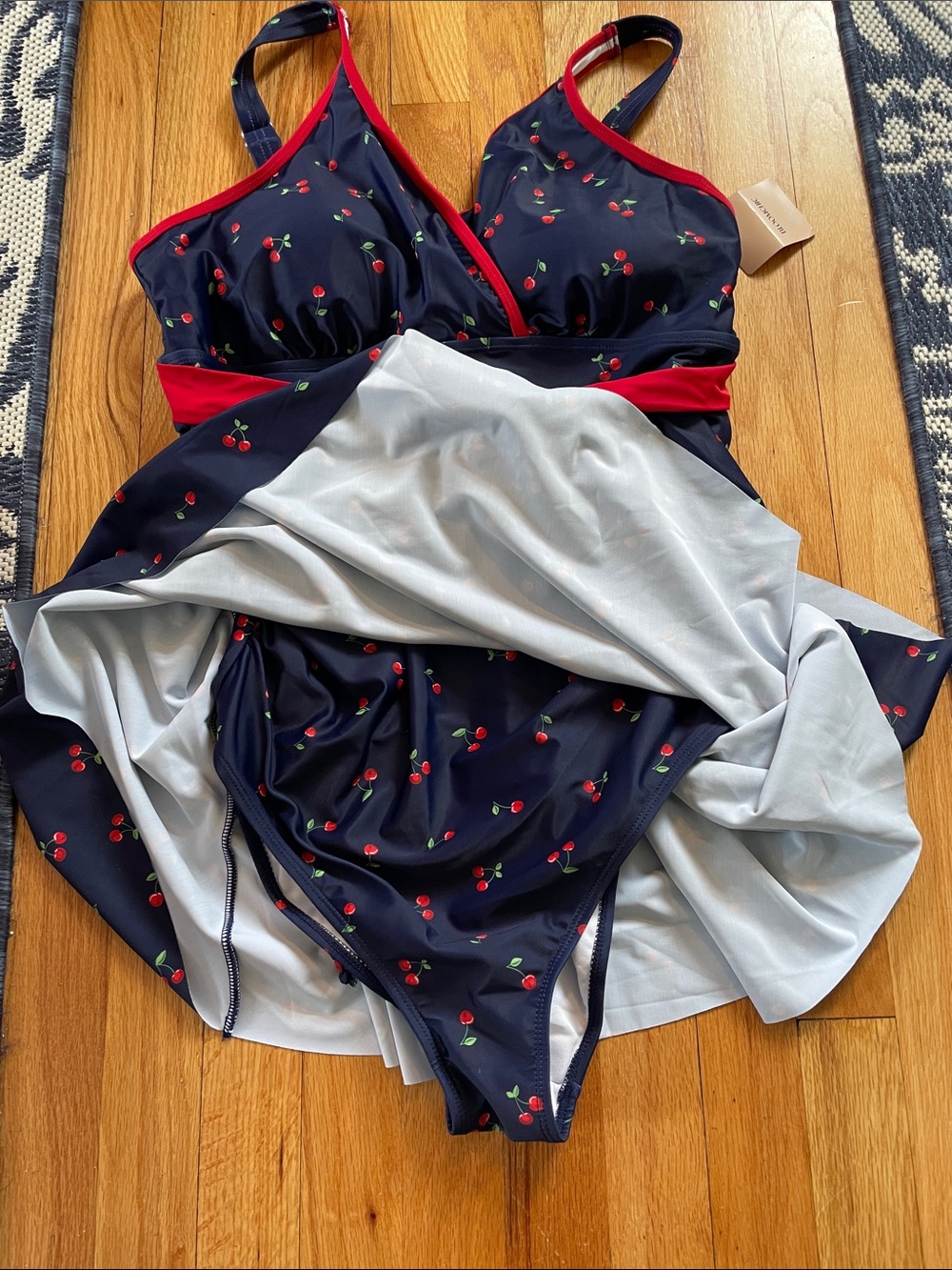 Navy Cherry Print Surplice Swim Dress with Red Trim - Picture 5 of 8